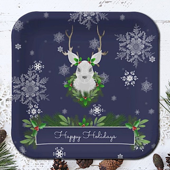 Blue Reindeer Paper Plate (Blue Reindeer Christmas Paper Plates)