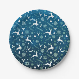 Blue Reindeer Pattern Merry Christmas Snowflakes Paper Plate