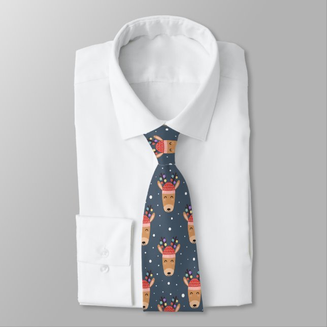 Blue Reindeer Rustic Cute Whimsical Fun Holiday Tie (Tied)