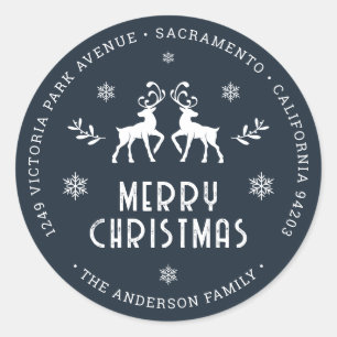 Blue Reindeer Snowflake Christmas Return Address Classic Round Sticker