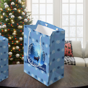 Blue Reindeer Snowflakes Christmas Medium Gift Bag