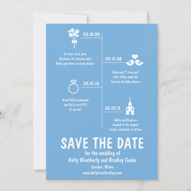 Blue Relationship Timeline Wedding Save the Date (Front)