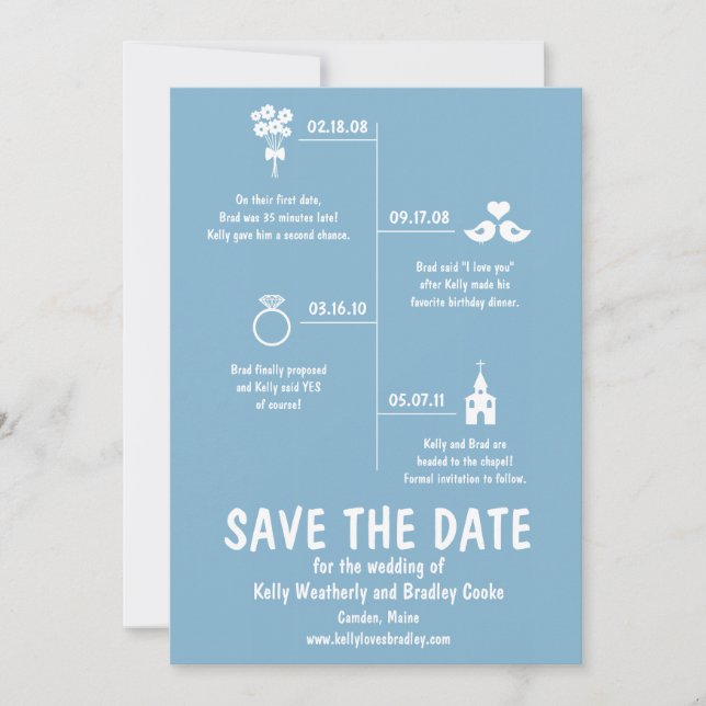 Blue Relationship Timeline Wedding Save the Date (Front)