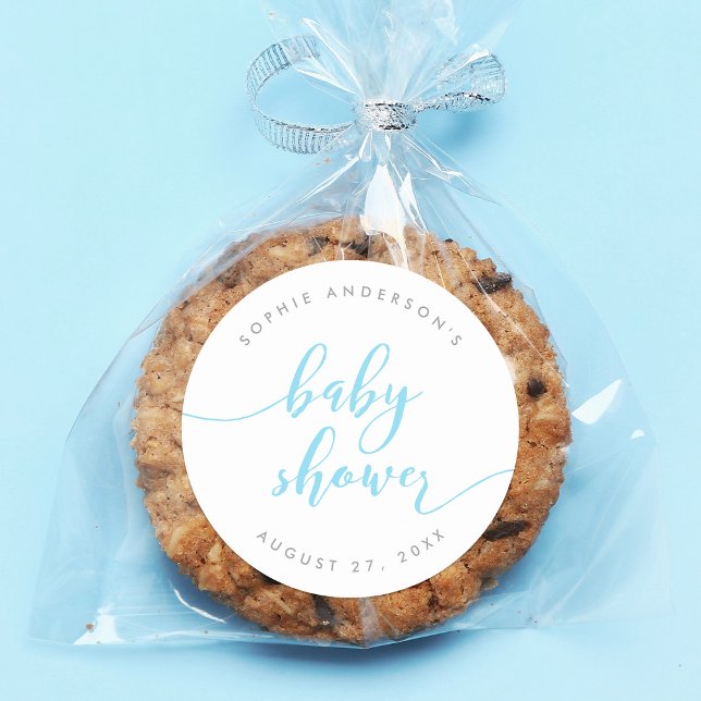 Blue Relax Script Baby Shower Classic Round Sticker (Creator Uploaded)