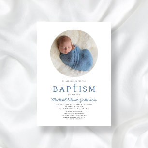 Blue Religious Cross 1 Photo Boy Baptism Invitation