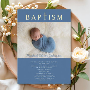 Blue Religious Cross Boy Baptism Photo Gold
