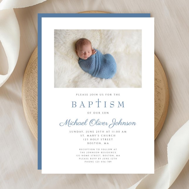 Blue Religious Cross Boy Photo Baptism Invitation (Blue Religious Cross Boy Photo Baptism Invitation)