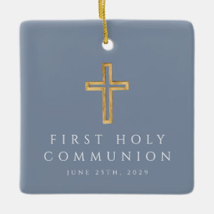 Blue Religious Cross First Communion Photo Ceramic Ornament