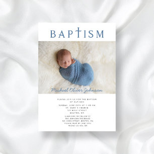 Blue Religious Cross Photo Boy Baptism  Invitation