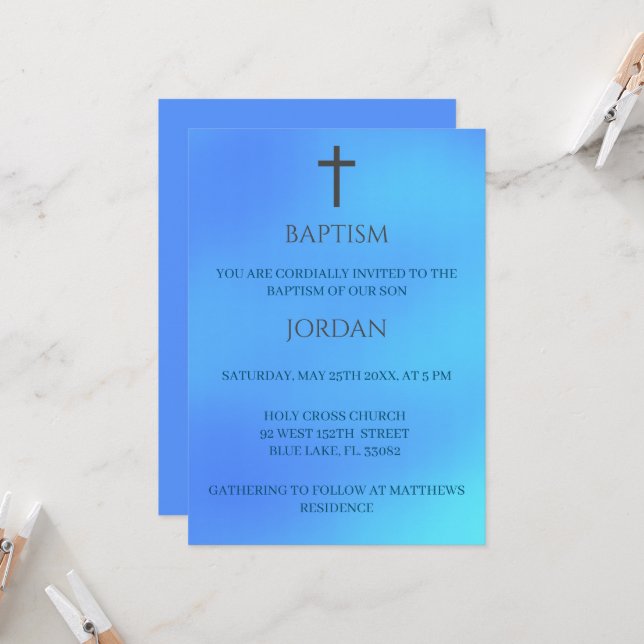 Blue Religious Cross Traditional  Baptism Invitation (Front/Back In Situ)