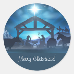 Blue Religious Nativity Christmas Envelope Sticker