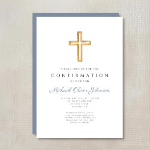 Blue Religious Wood Cross Boy Confirmation Invitation
