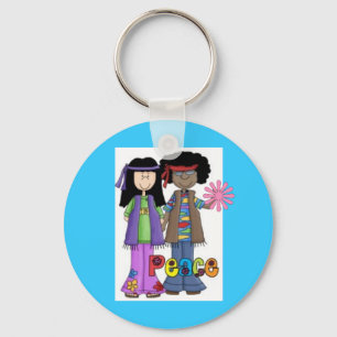 Blue Retro 1960 Hippies Keychain ~ Flower Power
