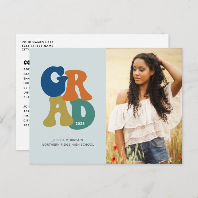 Blue Retro '70s Grad 2024 Groovy Graduation Postcard (Front/Back)