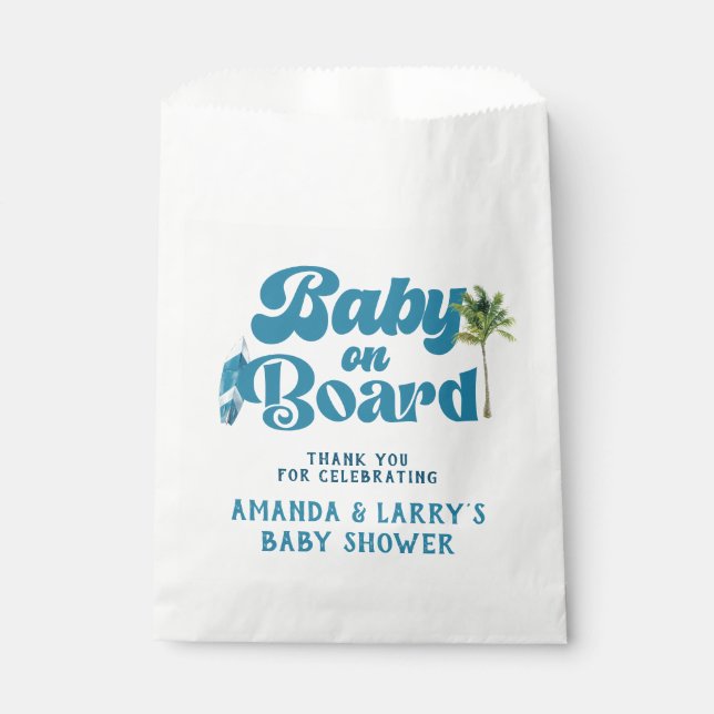 Blue Retro Baby On Board Surf Baby Shower  Favour Bag (Front)