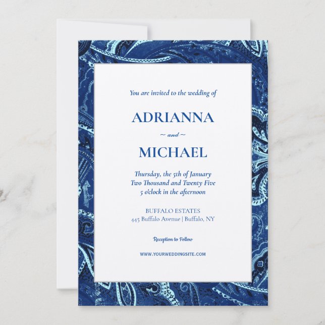 Blue Retro Bandanna Paisley Wedding Invitation (Front)