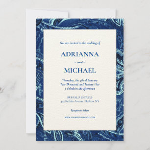 Blue Retro Bandanna Paisley Wedding Invitation
