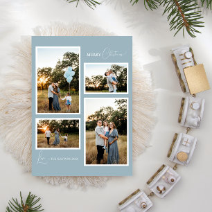 Blue Retro Boho Minimalist Four Photo Collage Holiday Card