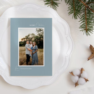 Blue Retro Boho Minimalist Letter and Photo Holiday Card