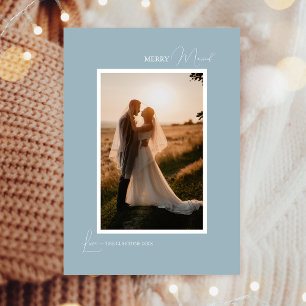 Blue Retro Boho Minimalist Merry Married Portrait Holiday Card