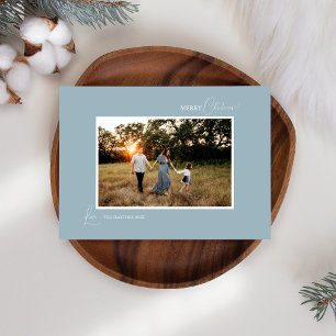 Blue Retro Boho Minimalist Photo and Letter Holiday Card