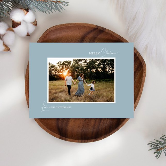 Blue Retro Boho Minimalist Photo and Letter Holiday Card (Creator Uploaded)