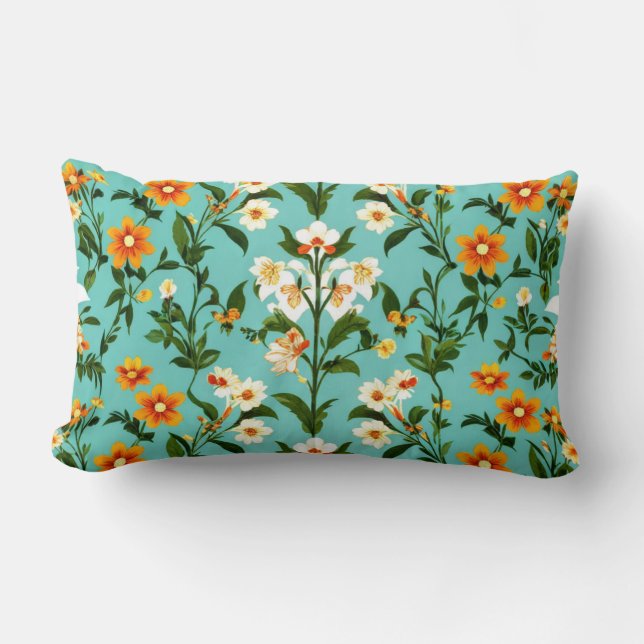 Blue Retro Boho Vintage Floral Pattern Pillow (Front)