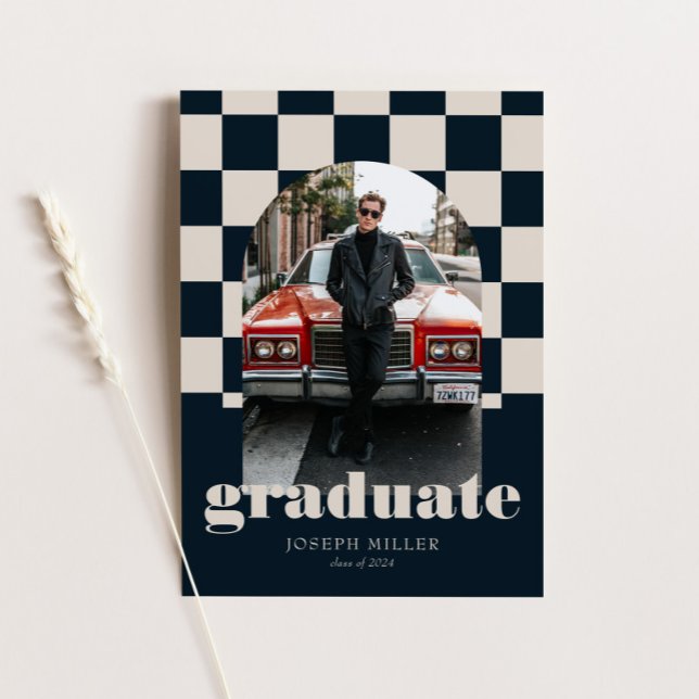 Blue Retro Checkered Arch Vintage Photo Graduation Invitation (Creator Uploaded)