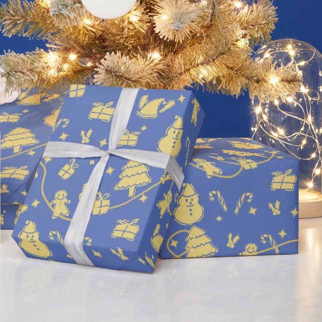 Blue Retro Christmas Pattern Wrapping Paper (Holidays)