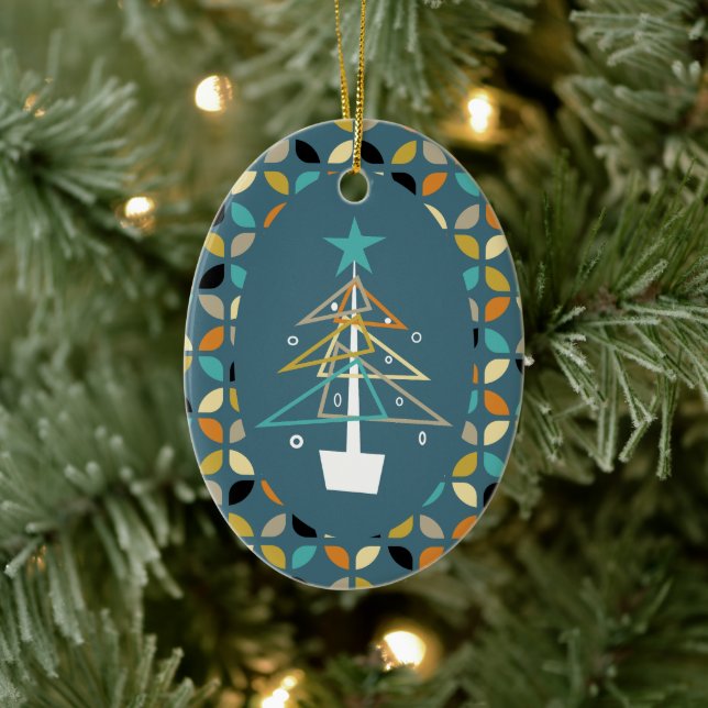 Blue Retro Christmas Tree Mid-century Throwback Ceramic Ornament (Tree)