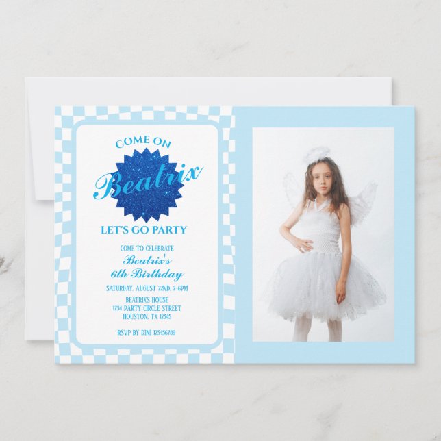 Blue Retro Doll Photo Birthday Invitation (Front)