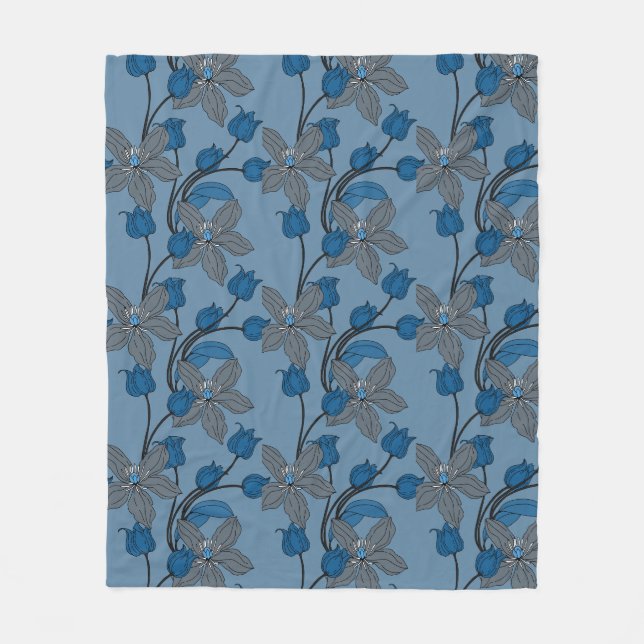 Blue retro ethnic elegant flower pattern fleece blanket (Front)