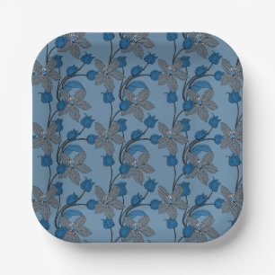 Blue retro ethnic elegant flower pattern paper plate