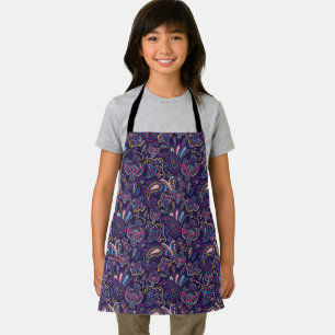 Blue retro ethnic vintage paisley floral pattern apron