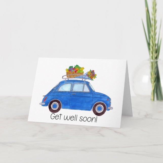 Blue Retro Fiat 500 Get well Card (Front)