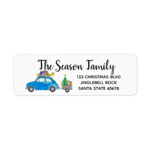 Blue Retro Fiat 500 with Christmas Gifts Return Address Label