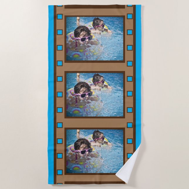 Blue Retro Film Strip  Photo Beach Towel (Front)
