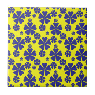 Blue Retro Floral Abstract On Yellow Pattern Ceramic Tile