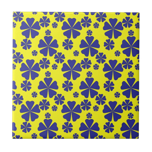 Blue Retro Floral Abstract On Yellow Pattern Ceramic Tile (Front)