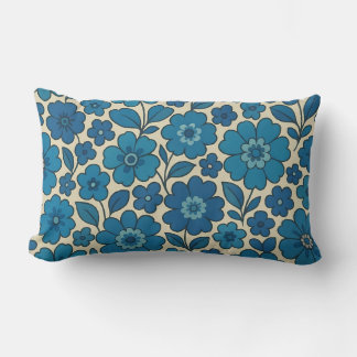 Blue Retro Floral Lumbar Throw Pillow