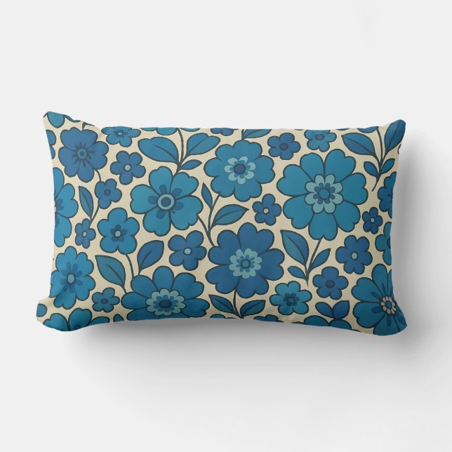 Blue Retro Floral Lumbar Throw Pillow (Front)