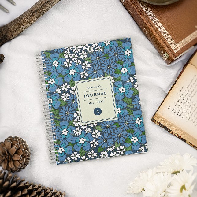 Blue Retro Floral Pattern Monogrammed Notebook (Creator Uploaded)