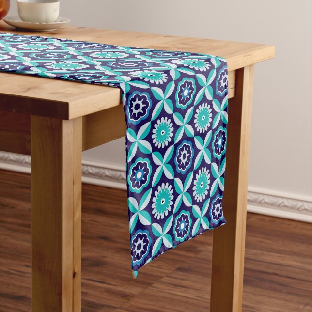 Blue retro flowers long table runner (In Situ)