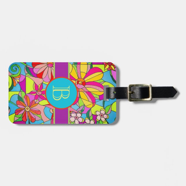 Blue Retro Flowers Luggage Tag (Front Horizontal)