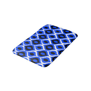 Blue Retro Geometric Ikat Tribal Print Pattern Bath Mat