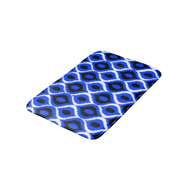 Blue Retro Geometric Ikat Tribal Print Pattern Bath Mat (Angled)
