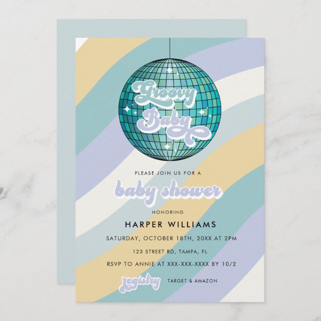 Blue Retro Groovy Baby Shower   Invitation (Front/Back)