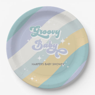 Blue Retro Groovy Baby Shower Paper Plate
