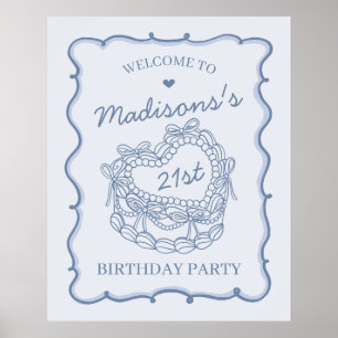 Blue Retro Heart Coquette Cake Birthday Welcome Poster