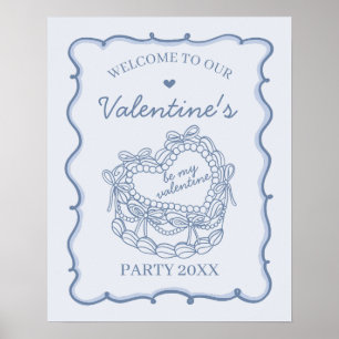 Blue Retro Heart Coquette Cake Valentines Welcome Poster